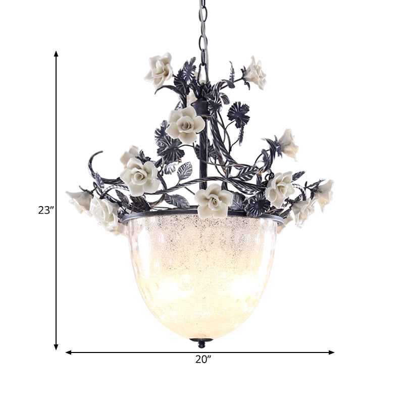 Pastoral Style 4-Bulb Chandelier Pendant Light With White Glass And Flower Decoration