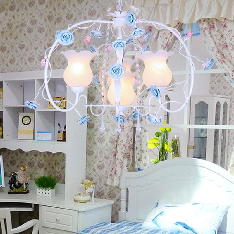 Romantic Pastoral Metal Chandelier With Elongated Arms - 4-Head Bedroom Pendant Lamp White Glass