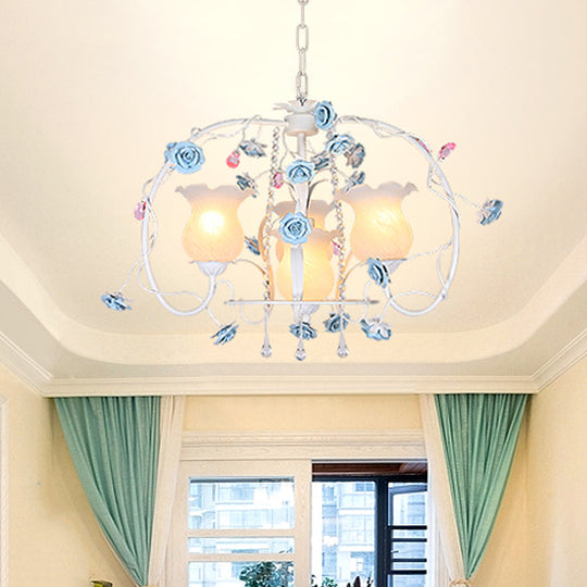 Romantic Pastoral Metal Chandelier With Elongated Arms - 4-Head Bedroom Pendant Lamp White Glass