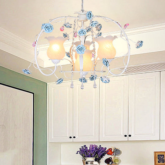 Romantic Pastoral Metal Chandelier With Elongated Arms - 4-Head Bedroom Pendant Lamp White Glass