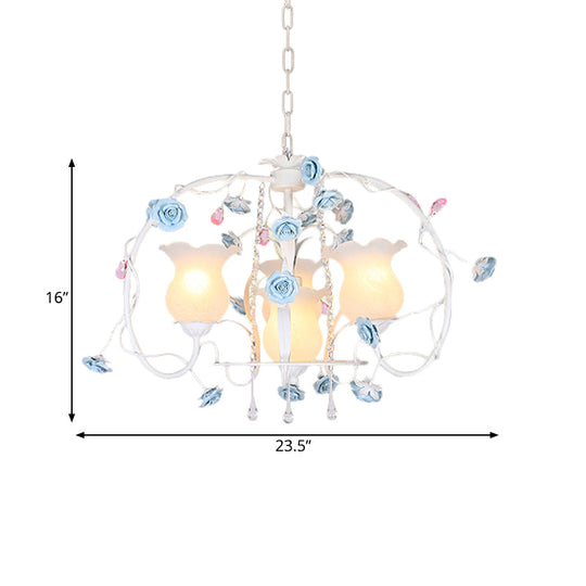 Romantic Pastoral Metal Chandelier With Elongated Arms - 4-Head Bedroom Pendant Lamp White Glass