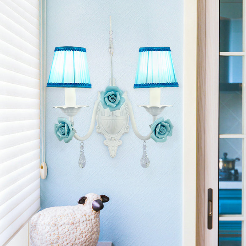 Romantic White Fabric Cone Wall Sconce With Crystal Drop