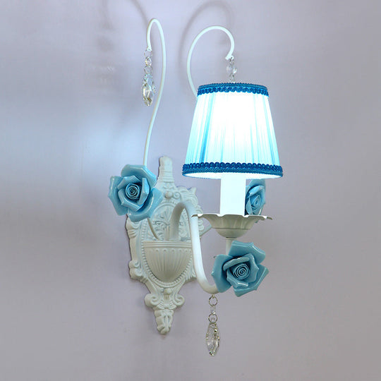 Romantic White Fabric Cone Wall Sconce With Crystal Drop 1 /