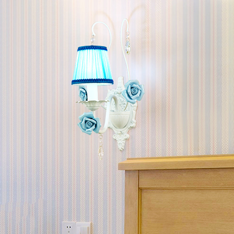 Romantic White Fabric Cone Wall Sconce With Crystal Drop