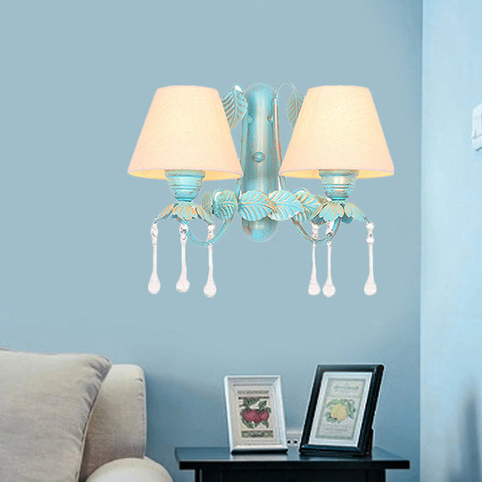 Blue Fabric Wall Sconce With Clear Glass Drop - Countryside Style