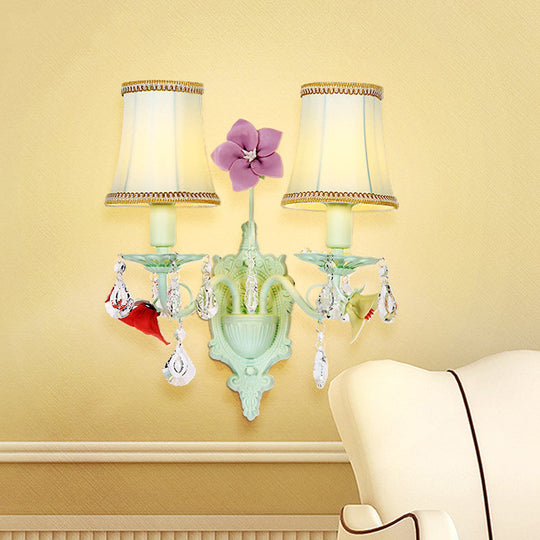 Pastoral Flared Wall Light With Crystal Accent - Blue Fabric Sconce Lamp (2 Bulbs)