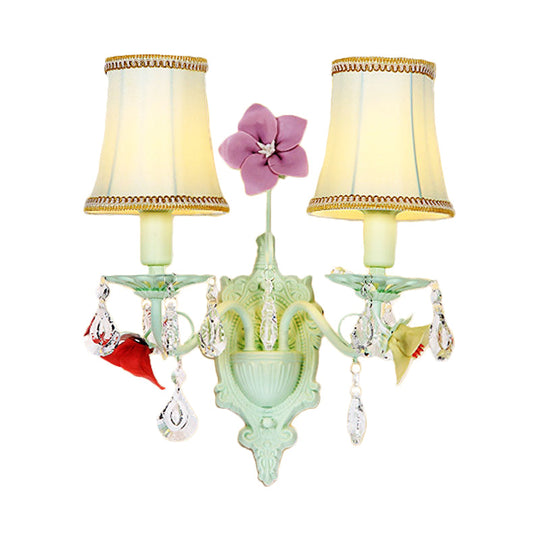 Pastoral Flared Wall Light With Crystal Accent - Blue Fabric Sconce Lamp (2 Bulbs)