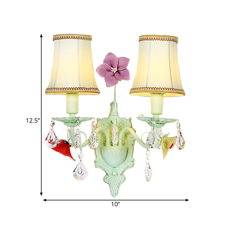 Pastoral Flared Wall Light With Crystal Accent - Blue Fabric Sconce Lamp (2 Bulbs)