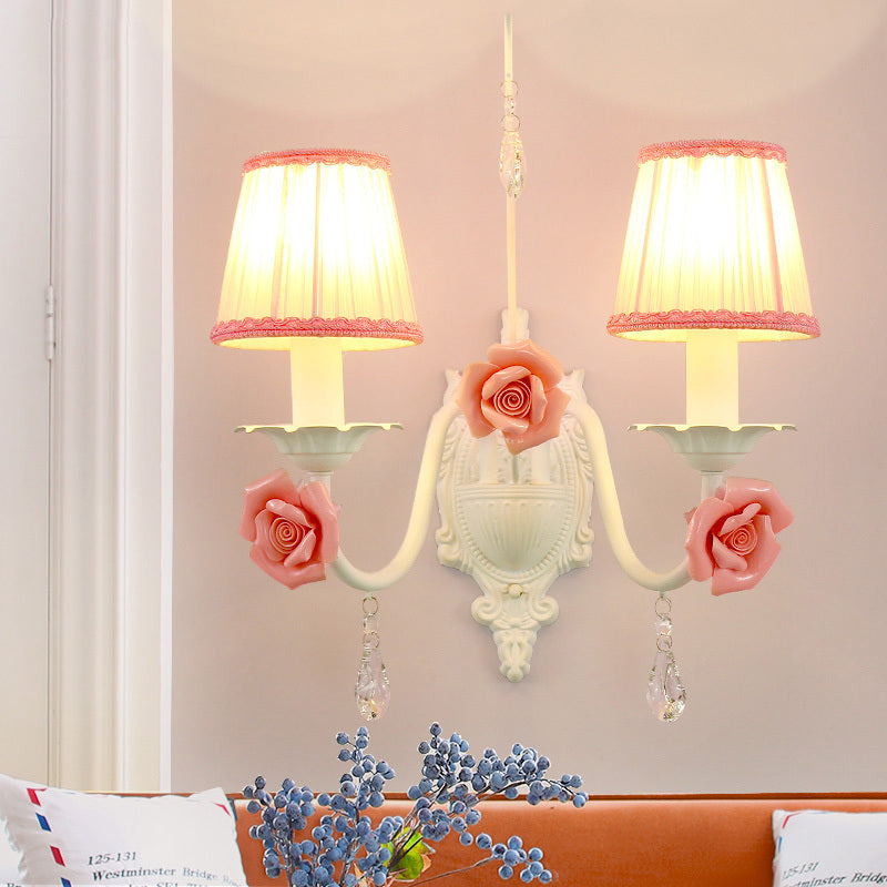 Korean Flower Fabric Sconce Light With Crystal Drop - White Pleated Shade For Living Room Wall 2 /