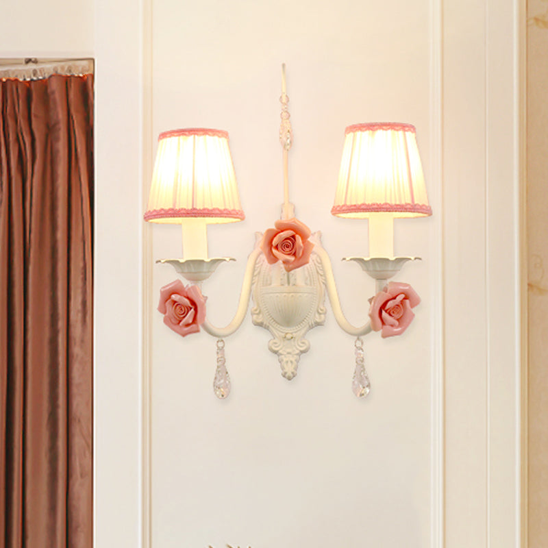 Korean Flower Fabric Sconce Light With Crystal Drop - White Pleated Shade For Living Room Wall