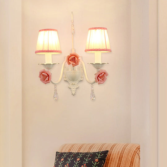 Korean Flower Fabric Sconce Light With Crystal Drop - White Pleated Shade For Living Room Wall