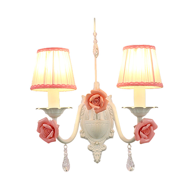 Korean Flower Fabric Sconce Light With Crystal Drop - White Pleated Shade For Living Room Wall