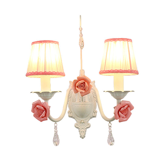 Korean Flower Fabric Sconce Light With Crystal Drop - White Pleated Shade For Living Room Wall