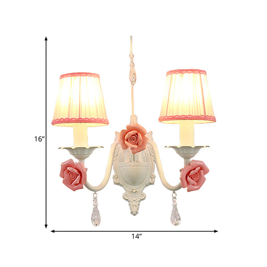 Korean Flower Fabric Sconce Light With Crystal Drop - White Pleated Shade For Living Room Wall