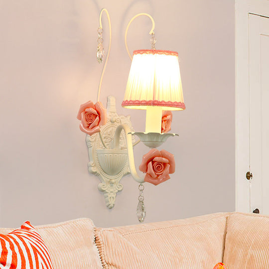 Korean Flower Fabric Sconce Light With Crystal Drop - White Pleated Shade For Living Room Wall 1 /