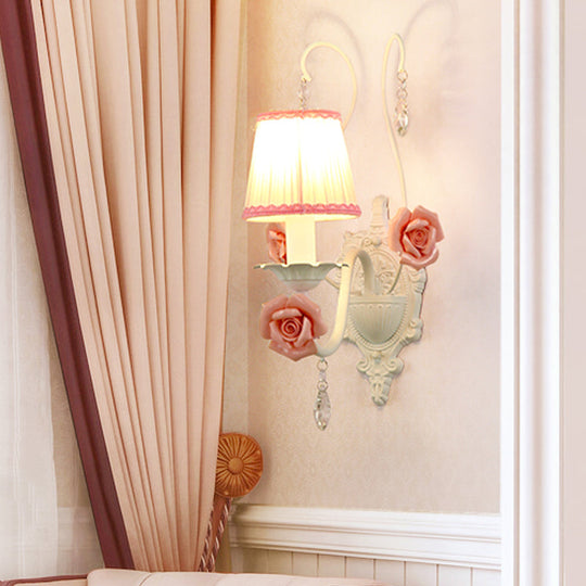 Korean Flower Fabric Sconce Light With Crystal Drop - White Pleated Shade For Living Room Wall