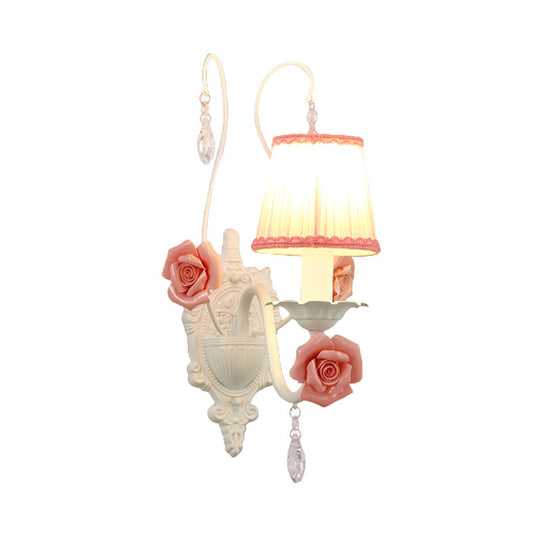 Korean Flower Fabric Sconce Light With Crystal Drop - White Pleated Shade For Living Room Wall