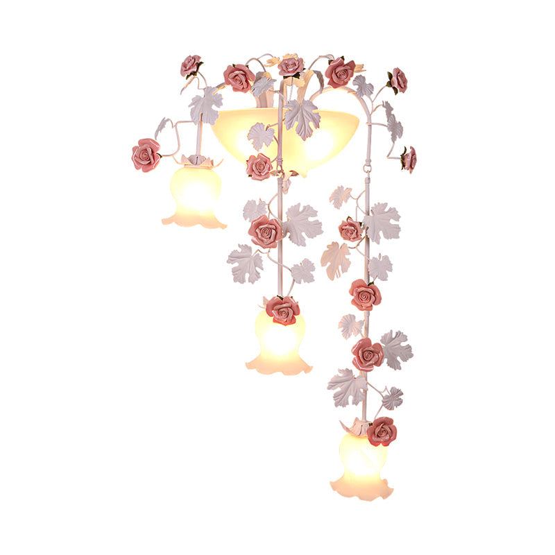 Korean Flower White Glass Wall Lamp - 5-Head Draping Sconce Lighting For Living Room