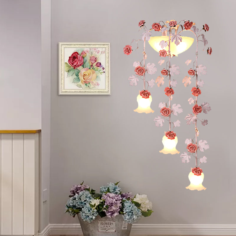 Korean Flower White Glass Wall Lamp - 5-Head Draping Sconce Lighting For Living Room