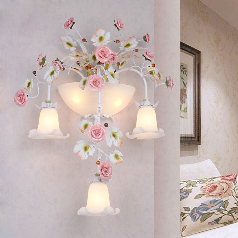 Korean Garden Pink Wall Light With White Floral Glass Sconce - 5 Heads For Hallway Lighting / A