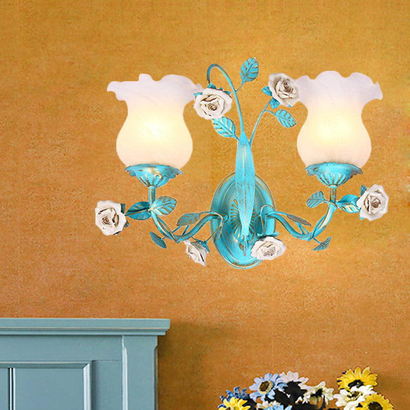 Korean Garden Blue Blossom Wall Sconce Light Fixture With White Glass - Elegant 1/2-Light Bedroom