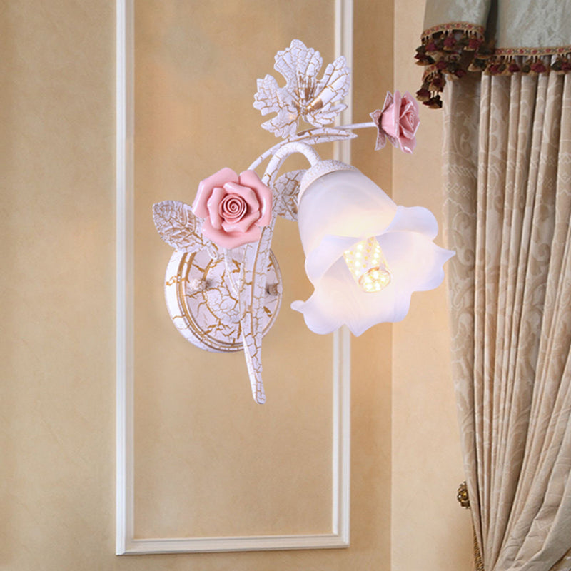 Pastoral Floral White Glass Wall Sconce With Metal Curved Arm For Living Room - 1/2-Light Mount Lamp