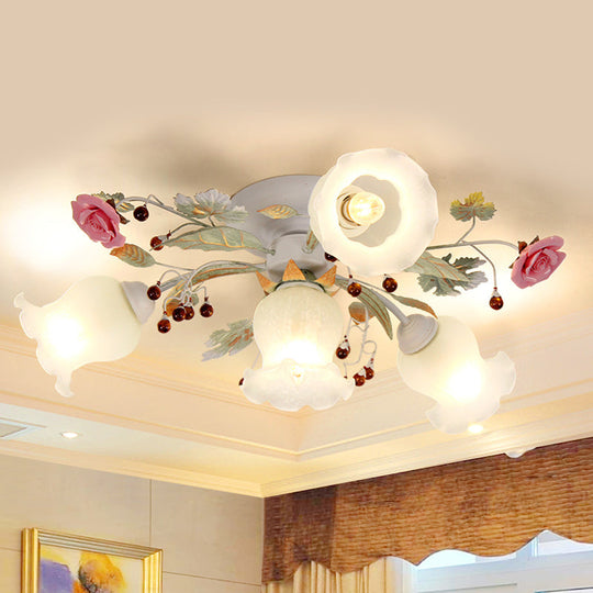 Korean Garden Bloom Semi Flush Mount Light Fixture - White Glass - Ideal for Dining Room - 4/6/9 Bulbs