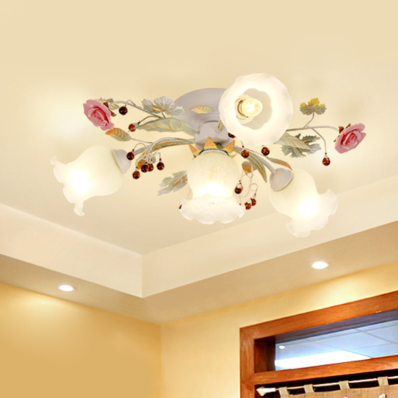 Korean Garden Bloom Semi Flush Mount Light Fixture - White Glass - Ideal for Dining Room - 4/6/9 Bulbs