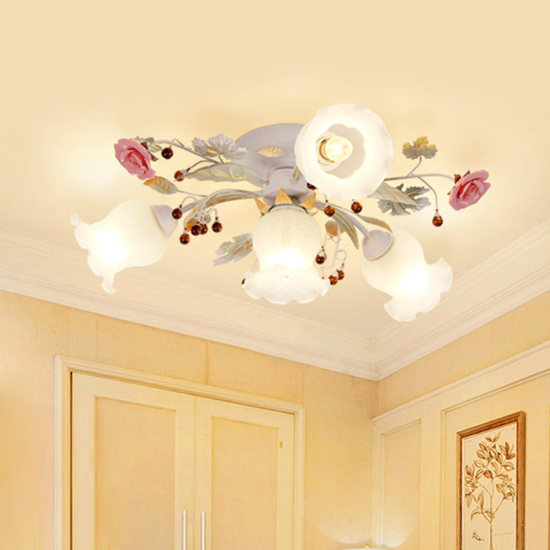 Korean Garden Bloom Semi Flush Mount Light Fixture - White Glass - Ideal for Dining Room - 4/6/9 Bulbs