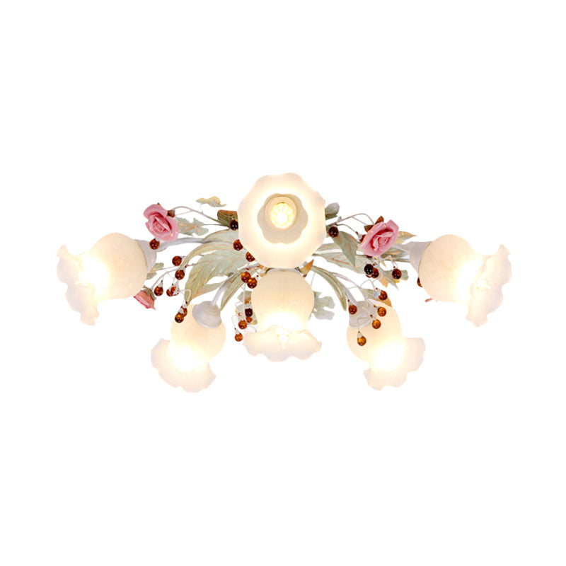 Korean Garden Bloom Semi Flush Mount Light Fixture - White Glass - Ideal for Dining Room - 4/6/9 Bulbs