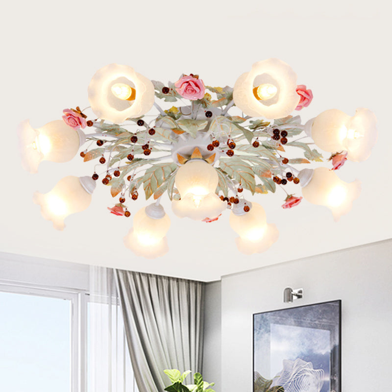 Korean Garden Bloom Semi Flush Mount Light Fixture - White Glass - Ideal for Dining Room - 4/6/9 Bulbs