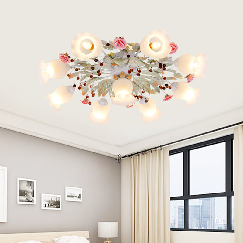 Korean Garden Bloom Semi Flush Mount Light Fixture - White Glass - Ideal for Dining Room - 4/6/9 Bulbs