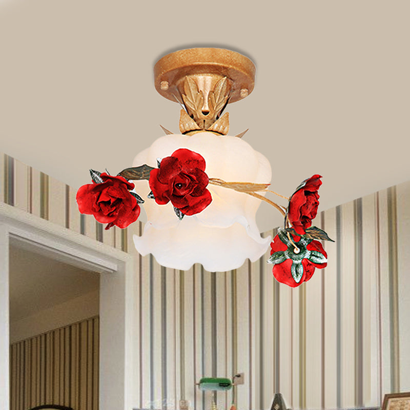 Semi Flush Mount Pastoral Style Brown Milky Glass Ceiling Light Fixture - 1 Light Bloom