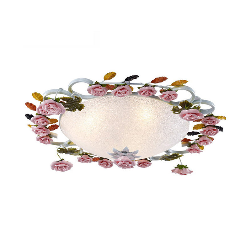 Korean Garden Led Flush Mount Ceiling Light With Pink Rose Accents - White Glass 23.5/27.5 Width