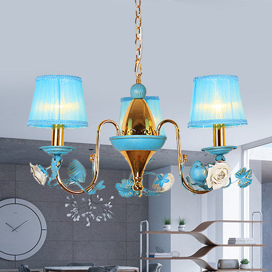 Blue Gooseneck Arm Chandelier: 3-Light Korean Flower Ceiling Pendant For Dining Room With Fabric