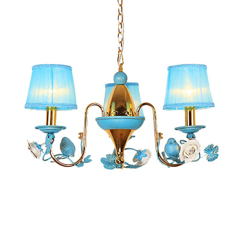 Blue Gooseneck Arm Chandelier: 3-Light Korean Flower Ceiling Pendant For Dining Room With Fabric