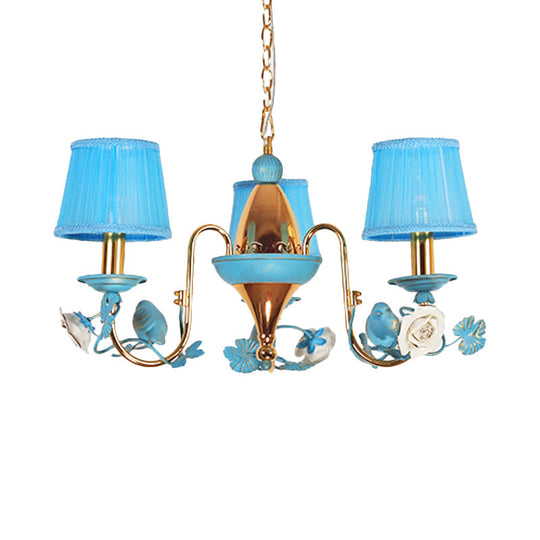 Blue Gooseneck Arm Chandelier: 3-Light Korean Flower Ceiling Pendant For Dining Room With Fabric