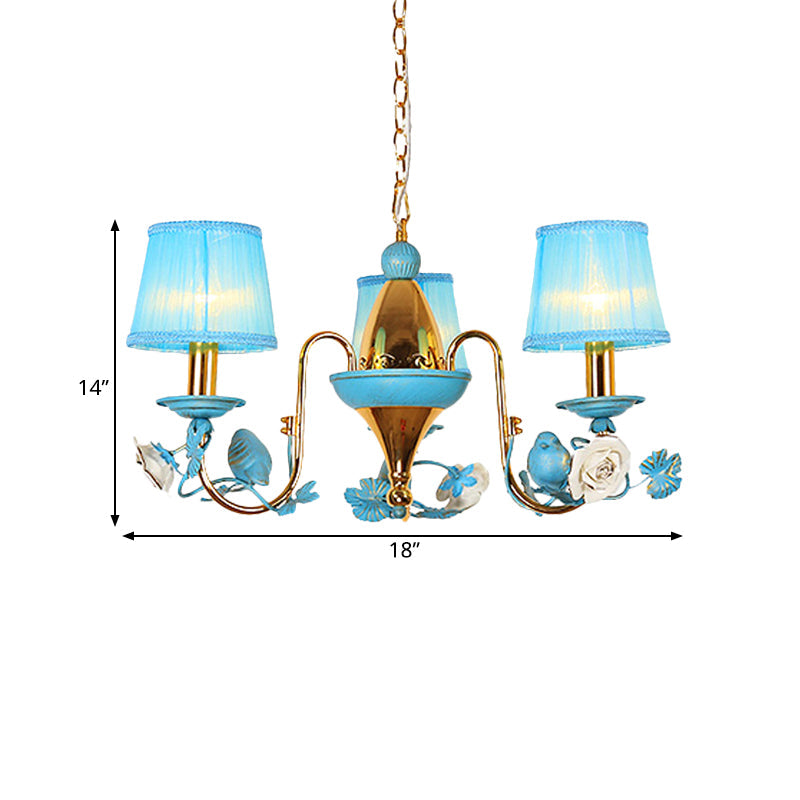 Blue Gooseneck Arm Chandelier: 3-Light Korean Flower Ceiling Pendant For Dining Room With Fabric