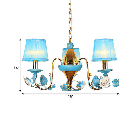 Blue Gooseneck Arm Chandelier: 3-Light Korean Flower Ceiling Pendant For Dining Room With Fabric