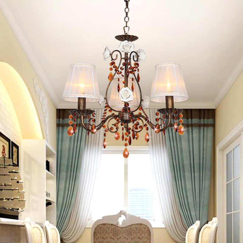 Antique Brass Hanging Chandelier: Pastoral Fabric & Crystal Décor - Elegant 3-Bulb Pendant For