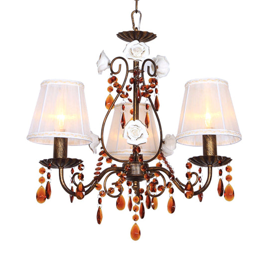 Antique Brass Hanging Chandelier: Pastoral Fabric & Crystal Décor - Elegant 3-Bulb Pendant For