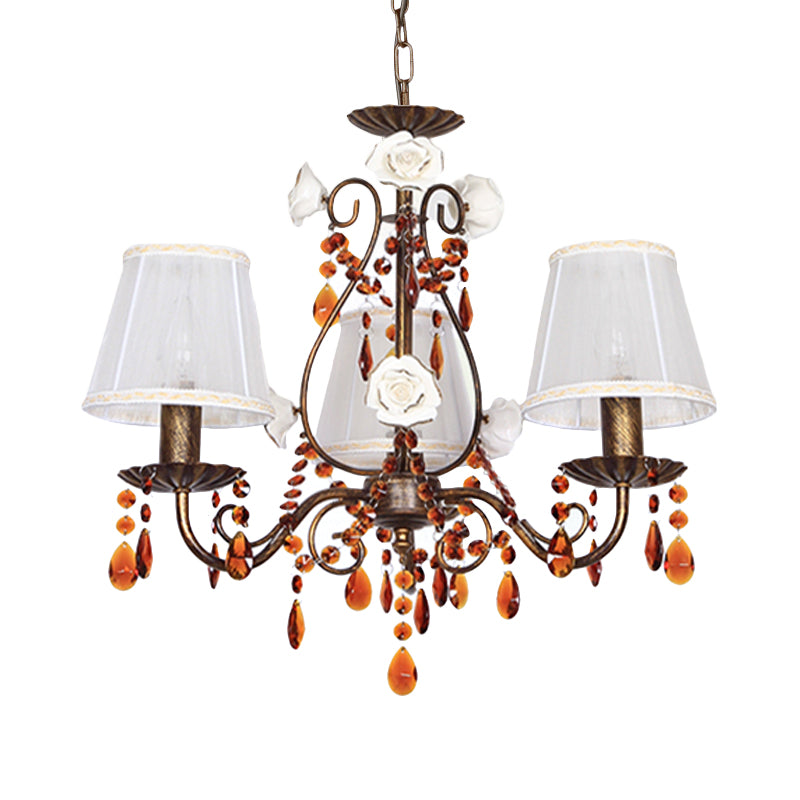 Antique Brass Hanging Chandelier: Pastoral Fabric & Crystal Décor - Elegant 3-Bulb Pendant For