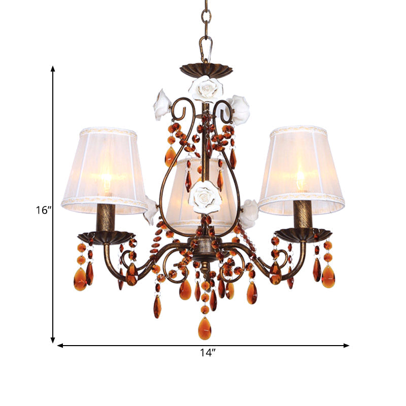 Antique Brass Hanging Chandelier: Pastoral Fabric & Crystal Décor - Elegant 3-Bulb Pendant For