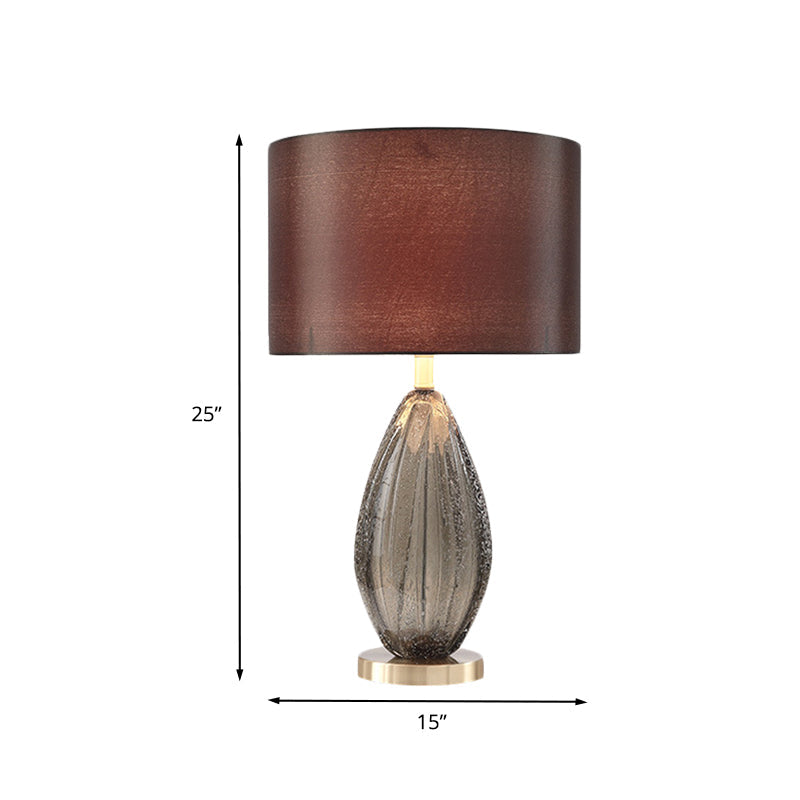 Contemporary Black Desk Lamp With Teardrop Crystal 1-Head & Red Brown Fabric Shade