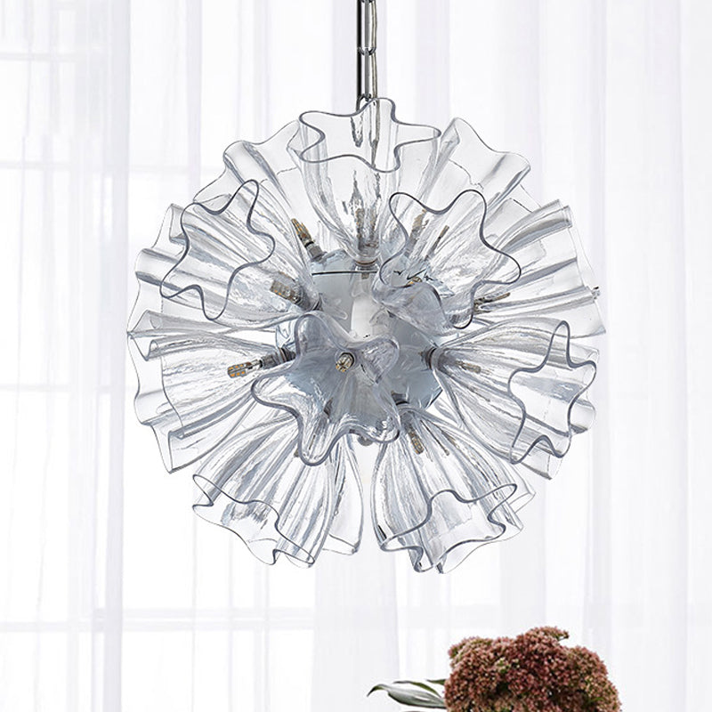 Contemporary Star Clear Glass Chandelier With Blossom Design - 19-Bulb Chrome Suspension Lamp