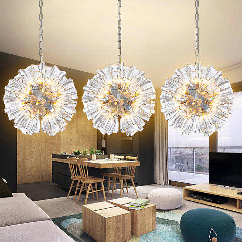 Contemporary 19-Bulb Chrome Suspension Chandelier with Blossom Design - Star Clear Glass Lighting