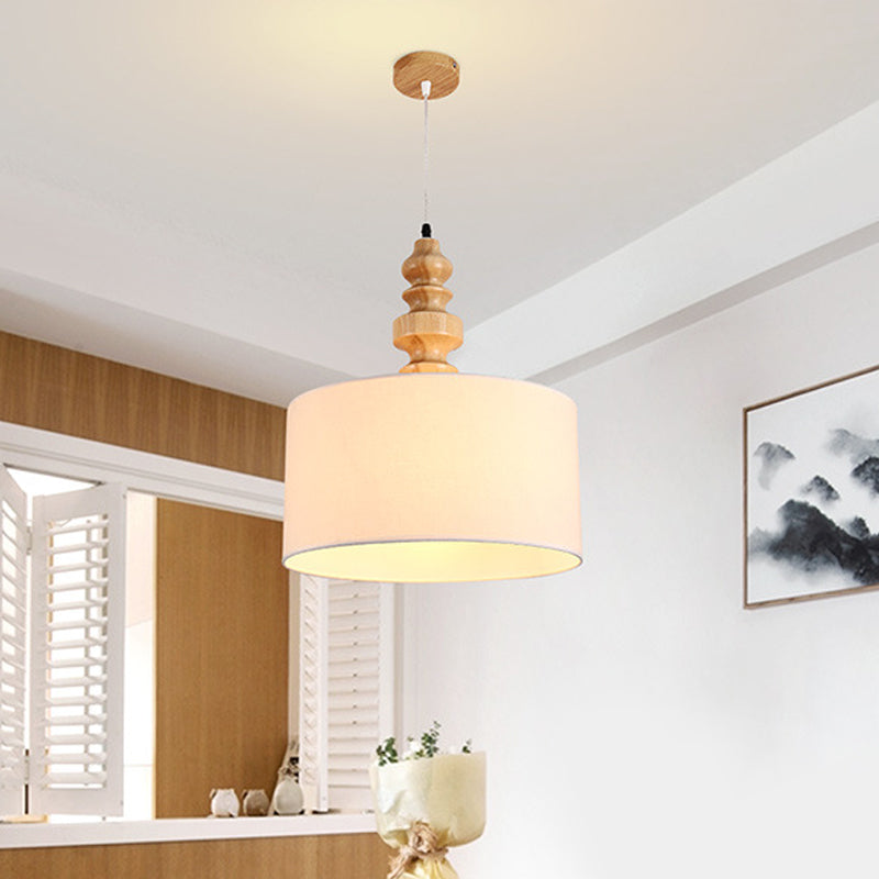 White Drum Drop Pendant Light with Fabric Shade - Minimalist Design for Dining Table