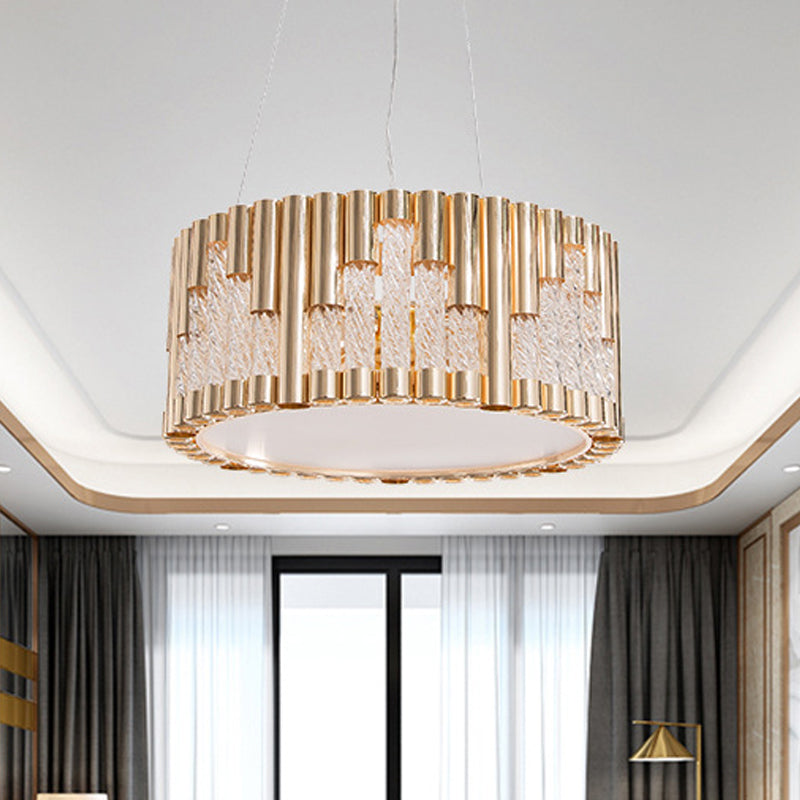 Modern Gold Drum Pendant Chandelier with Clear Glass Tube - 3 Lights - Living Room Suspension Lamp