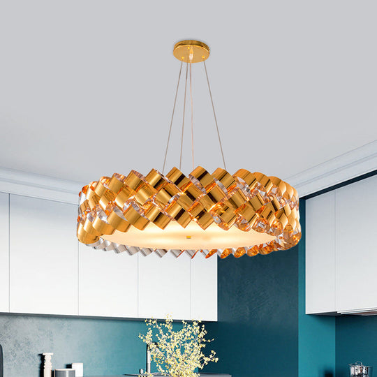 Gold Metallic Twisted Panel Chandelier - Contemporary 6-Head Pendant With Drum Design For Living