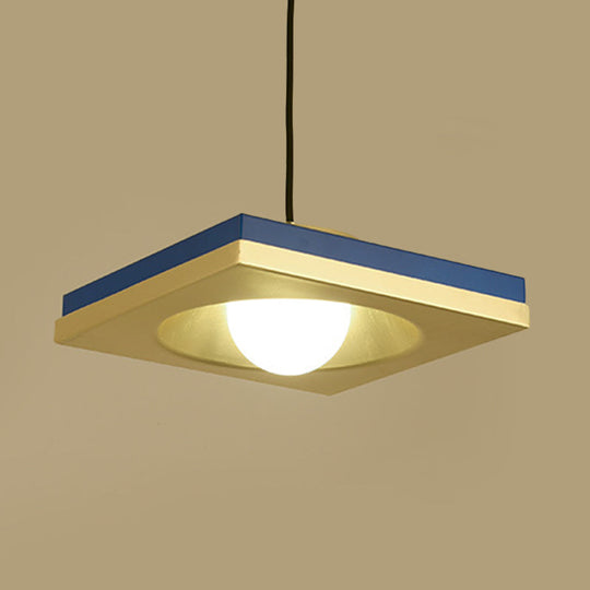 Blue and Gold Modernist Drop Pendant Ceiling Fixture with Metal Concave Squares and 1 Bulb for Bedrooms